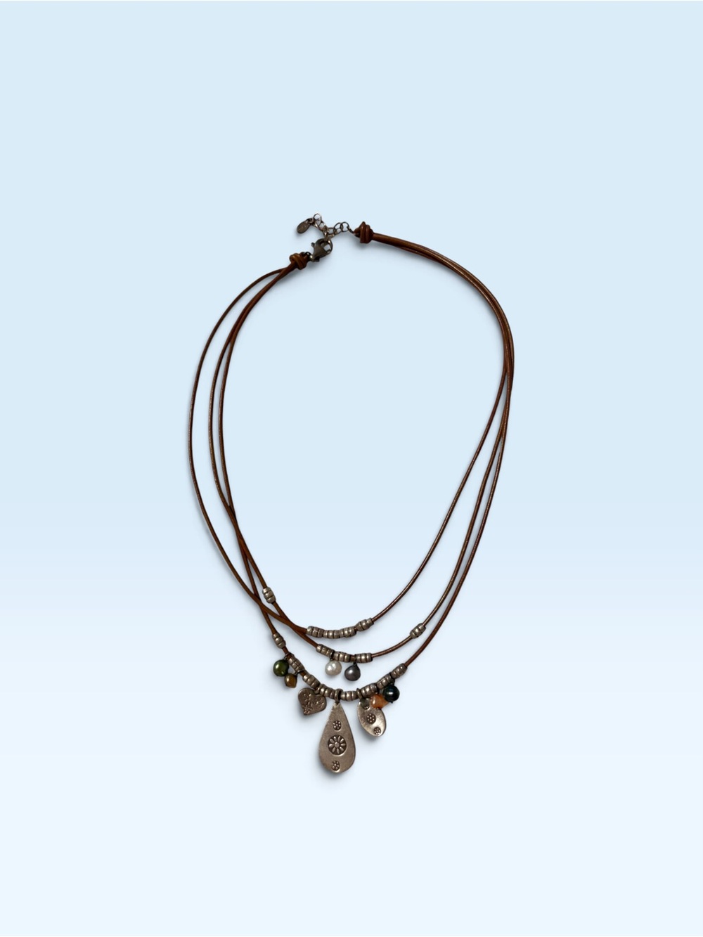 Source Unknown Brown Multi-Strand Leather Necklace with Metal Charms